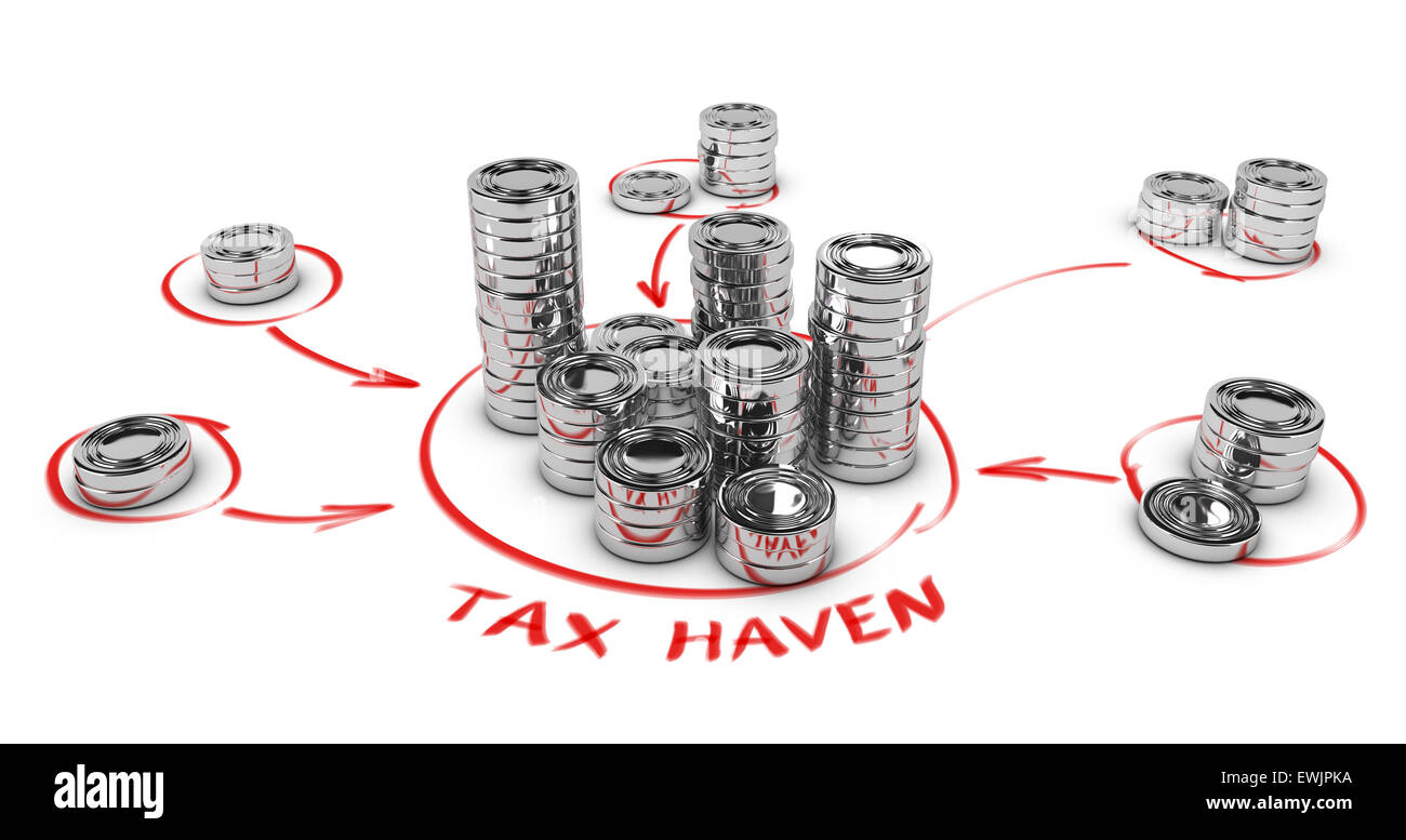 Stapel von generischen Münzen auf weißem Hintergrund mit Pfeilen in der Mittelpunktes. Konzeptbild wegen Steuerhinterziehung. Steuerparadies illus Stockfoto