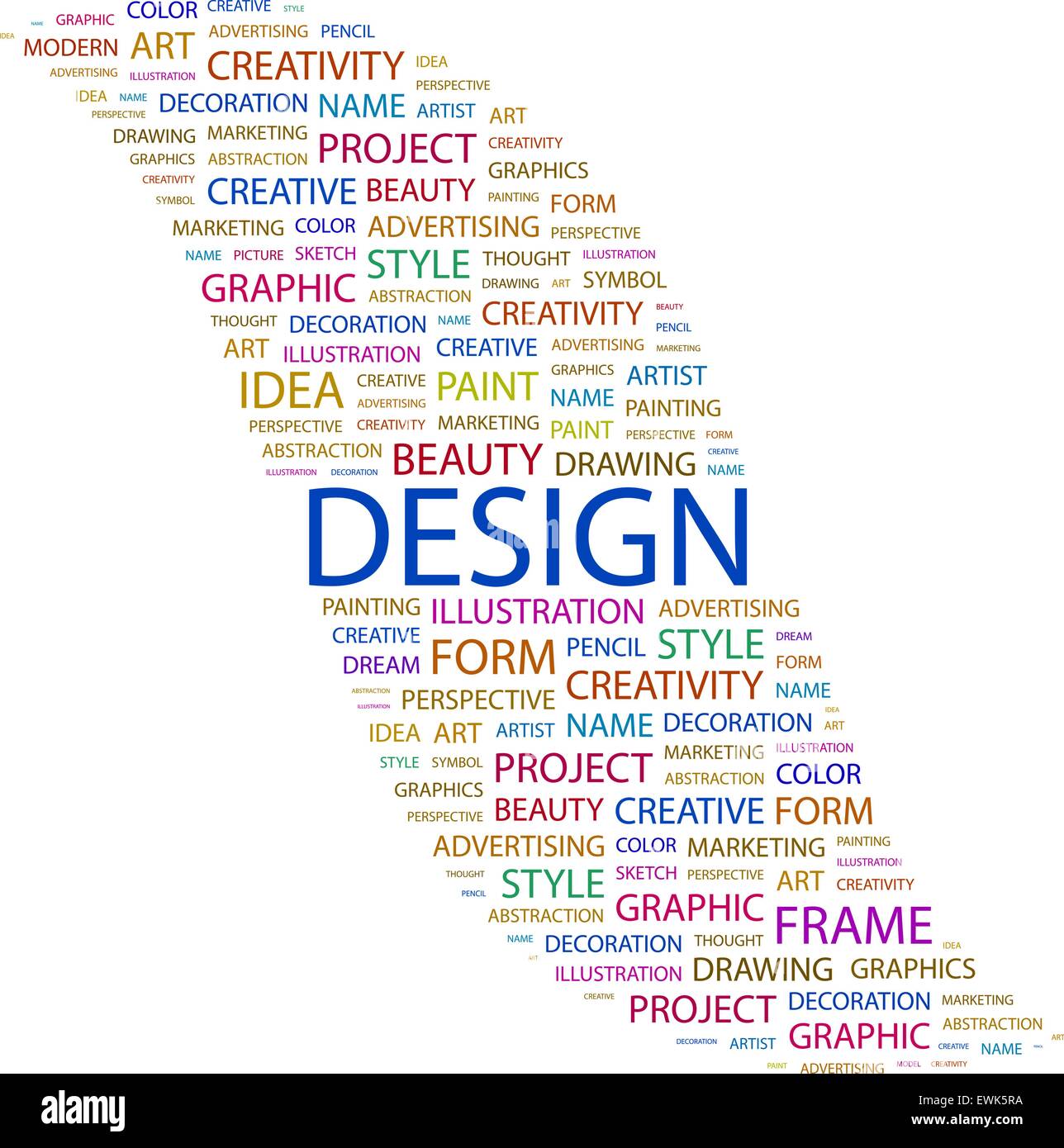 DESIGN. Hintergrund-Konzept Wordcloud Illustration. Drucken Sie Konzept-Wortwolke. Grafik-Collage. Stock Vektor