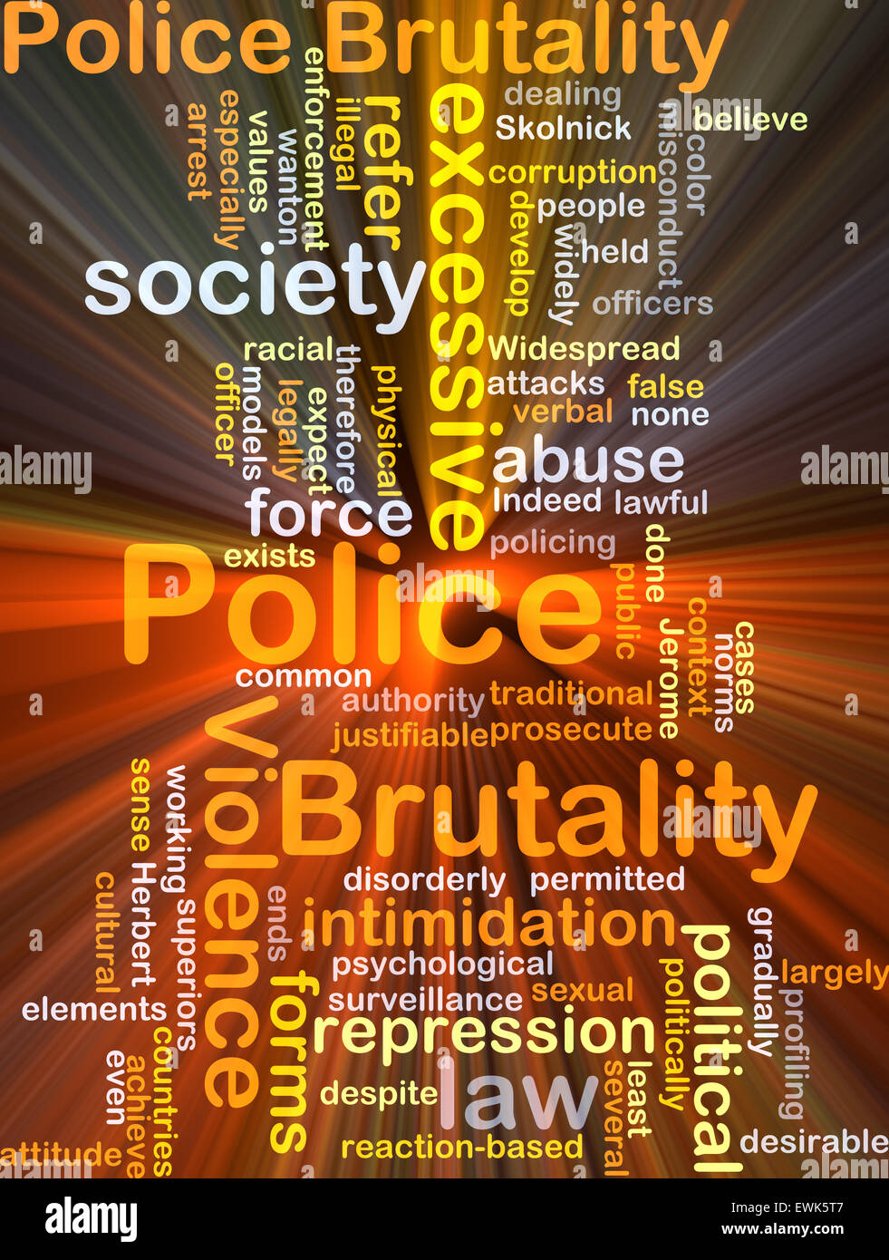 Hintergrund-Konzept Wordcloud Illustration der Polizei Brutalität gleißenden Licht Stockfoto