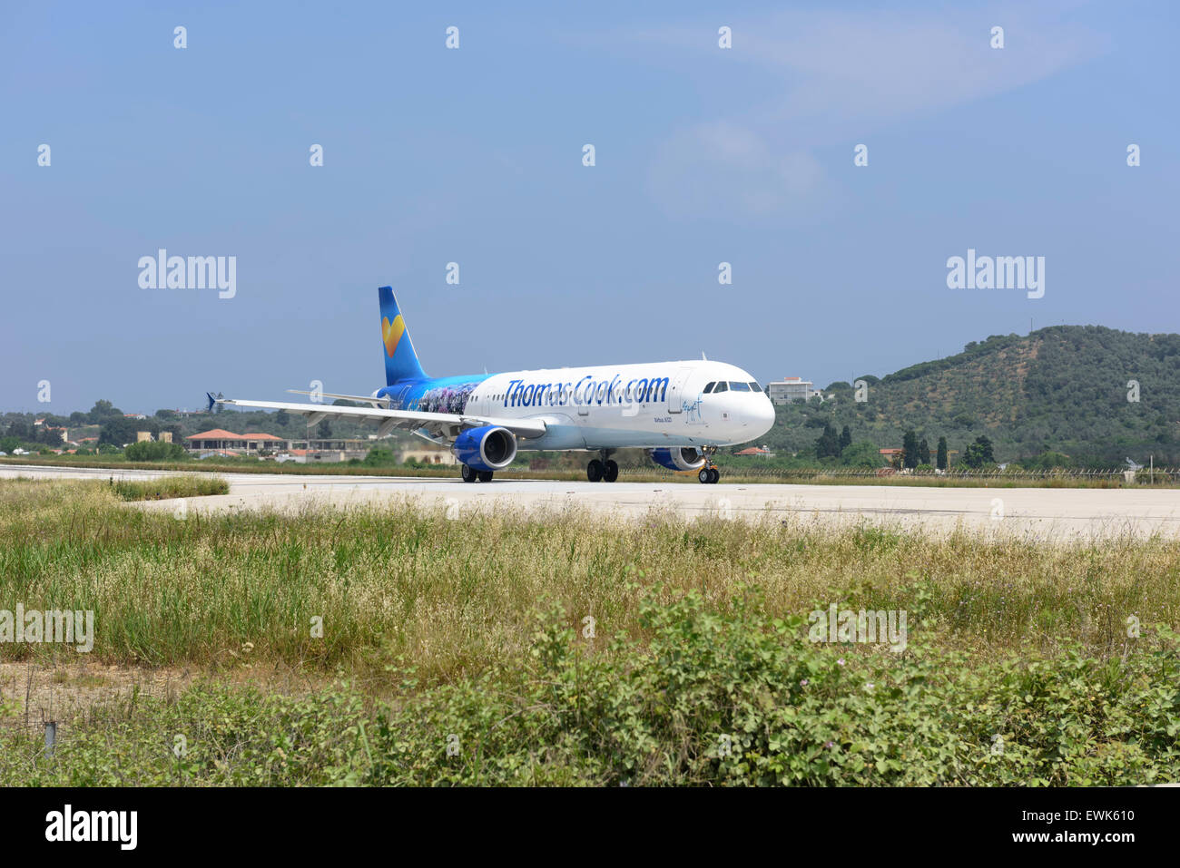Thomas Cook Airlines Airbus A321 Taxis zum Abflug am Flughafen Skiathos Griechenland Stockfoto