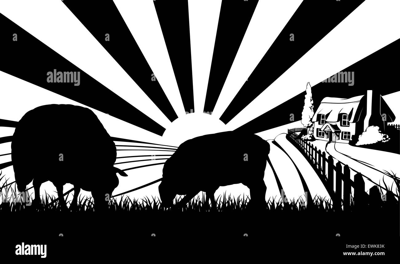 Zwei Schafe im Silhouette stehen im Vordergrund mit einem Bauernhof Haus Reetdachhaus in idyllischer Landschaft mit sanften Hügeln ein Stockfoto
