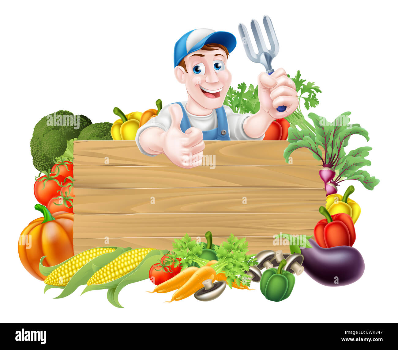 Gemüse-Gärtner Cartoon Charakter Zeichen. Ein Cartoon-Gärtner hält einen Garten Gabel Gartenarbeit Tool oben umgeben ein Holzschild Stockfoto