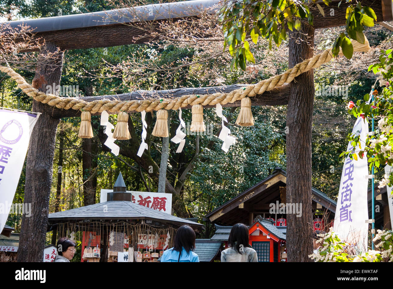 Arashiyama, Kyoto. Eingang zum Heiligtum, mit Shimenawa Nonomiya, verdrilltes Seil aus Reisstroh, hängen von einem hölzernen Tor Stockfoto