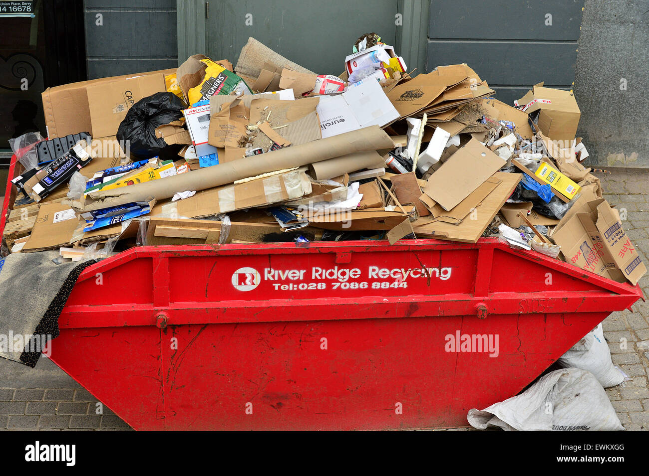 Red recycling überspringen überfüllt mit Pappe in Londonderry (Derry), Nordirland Stockfoto