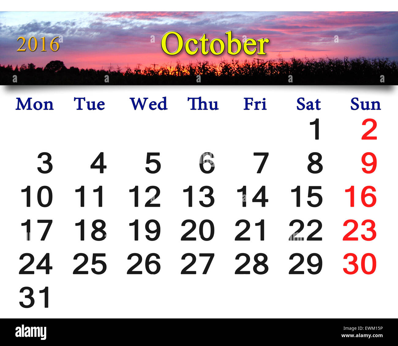 Kalender für Oktober 2016 mit purpurroter Sonnenuntergang. Kalender für das Drucken und verwenden im Büroalltag. Stockfoto