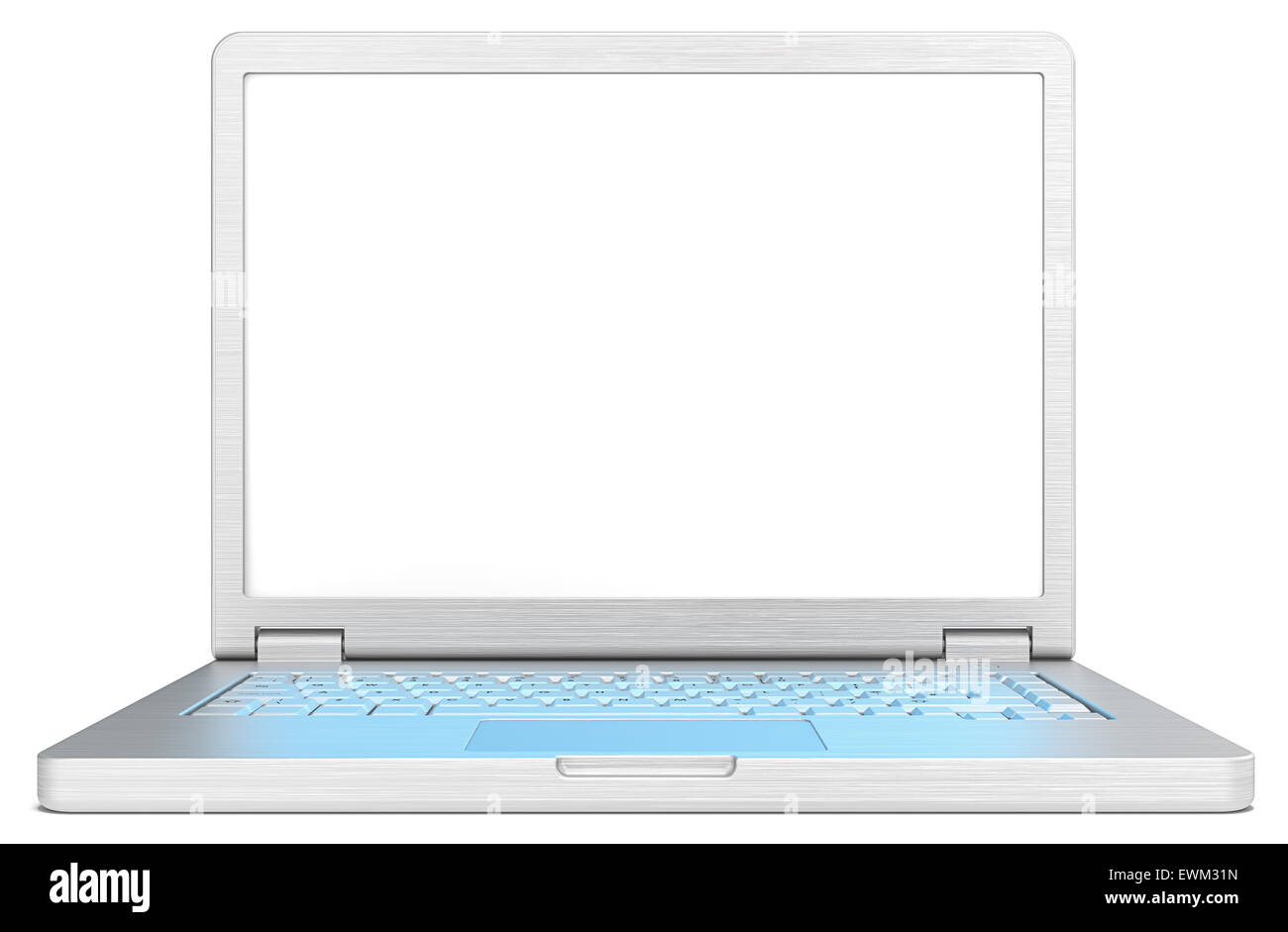 Laptop aus gebürstetem Stahl. Nein gebrandmarkt. Leerer Bildschirm für Textfreiraum. Realistische blau Lichtreflexion auf Tastatur. Stockfoto