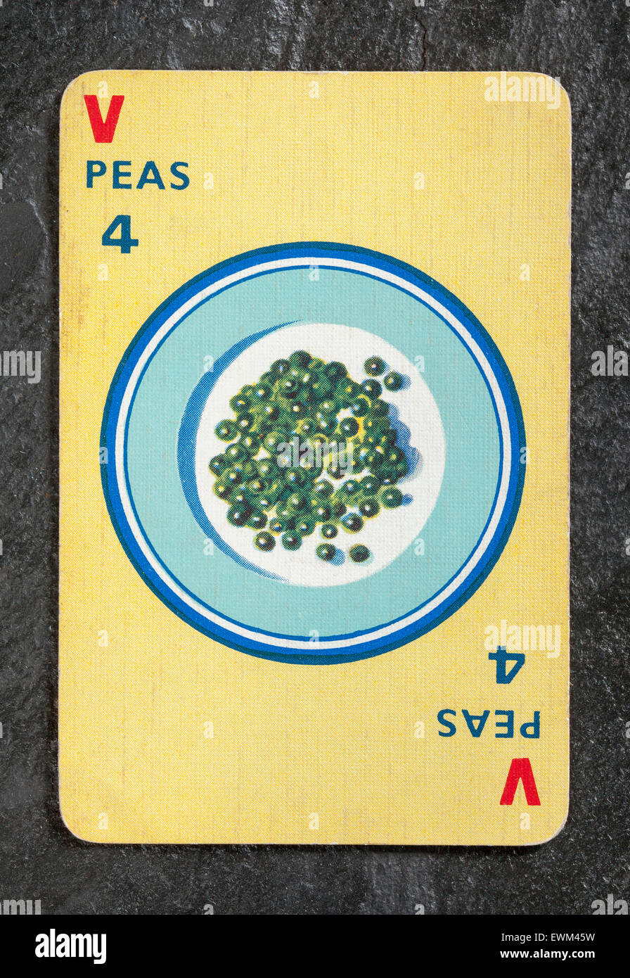Erbsen-Nummer 4-Karte aus einer Packung von Vintage Menuette Spielkarten Stockfoto