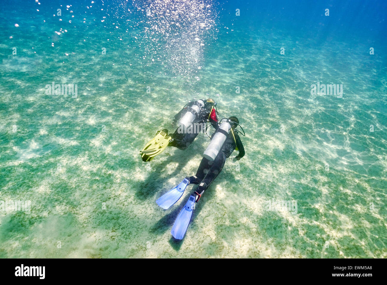 Marsa Alam, Rotes Meer, Ägypten - Tauchlehrer mit Tauchanfänger, erste Unterwasser Tauchen Stockfoto