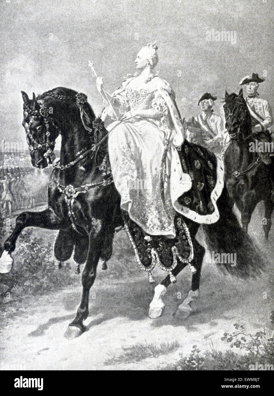 Hier sehen wir Maria Teresa, Kaiserin von Österreich (1740-1780) ihre Truppen aus einem Gemälde der deutschen historischen und Kampf Künstler Wilhelm Camphausen zu überprüfen. Stockfoto