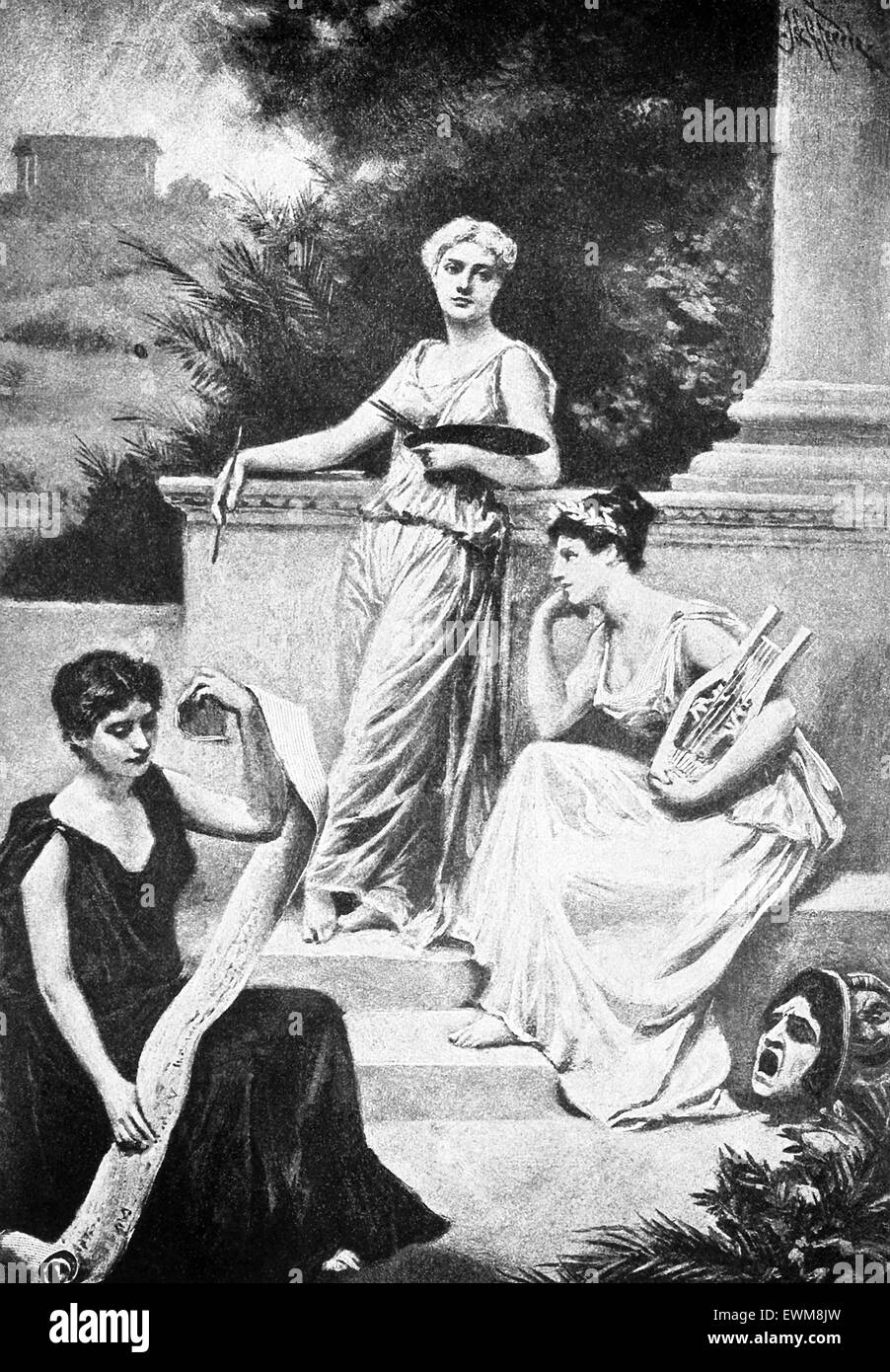 Die folgende Abbildung zeigt Figuren, welche Kunst, Lied und Literatur. Es basiert auf einem Gemälde des Titels des amerikanischen Künstlers Jean Leon Gerome Ferris (1863-1930). Die Figur Kunst hält eine Palette und Pinsel. Die Figur vertritt Song hält eine Lyra, die Figur für Literatur hält eine Schriftrolle. Stockfoto