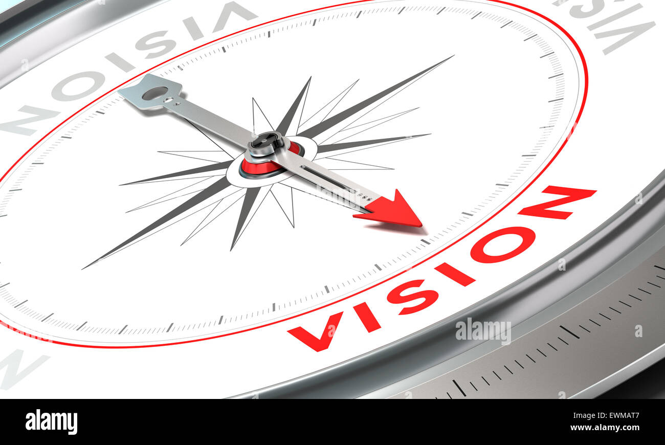 Kompass mit Nadel zeigt das Wort Vision. Konzeptionelle Darstellung Teil zwei einer Firma Anweisung, Mission, Vision und Wert Stockfoto