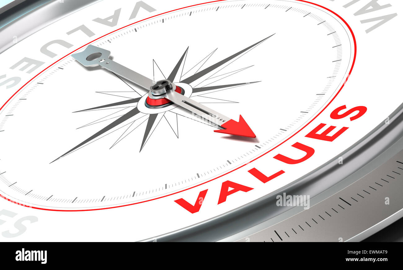 Kompass mit Nadel zeigt das Wort Werte. Konzeptionelle Darstellung dritten Teil ein Unternehmenserklärung, Mission, Vision und Val Stockfoto