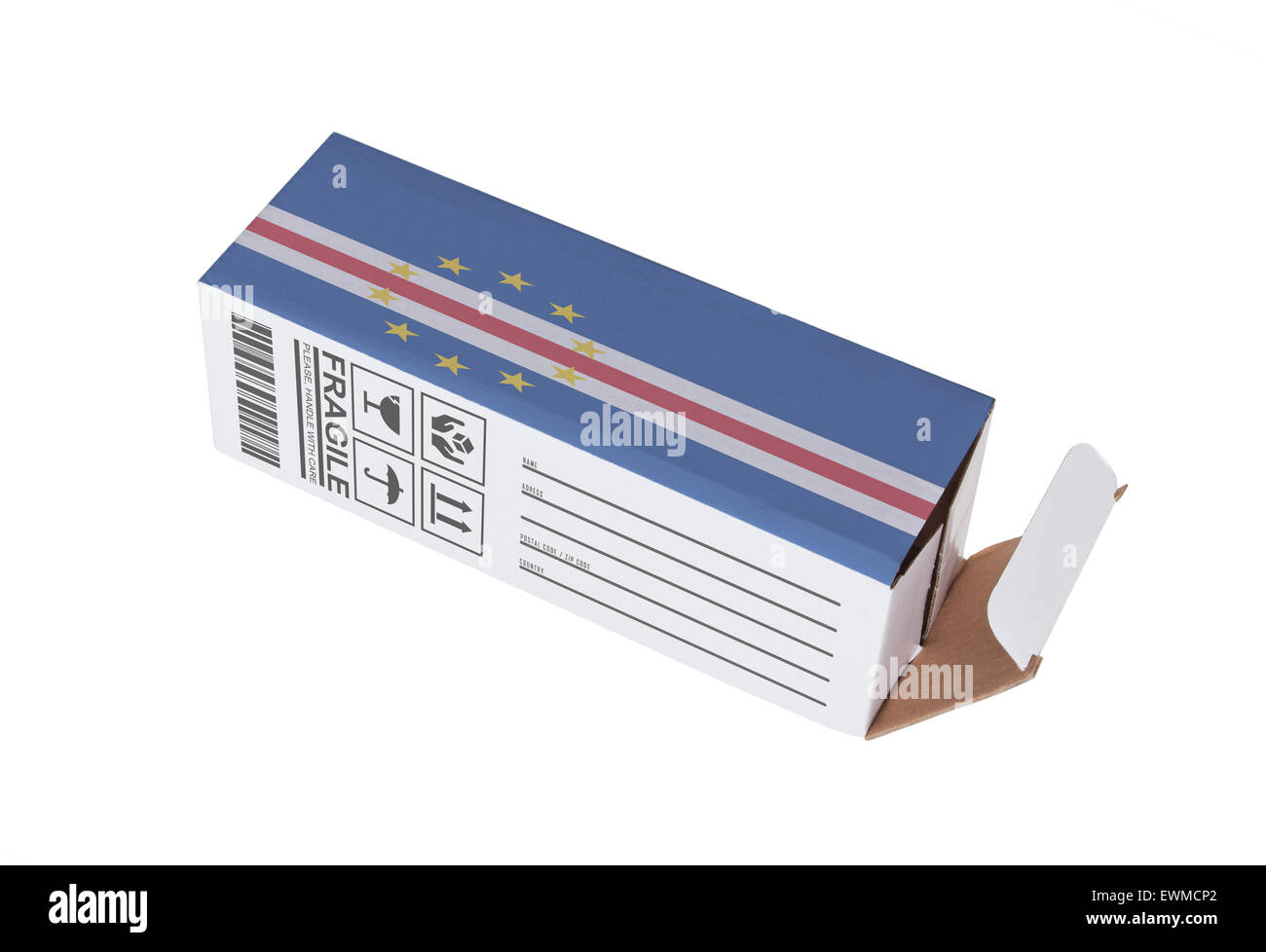 Konzept der export, öffnete Papier Box - Produkt von Kap Verde Stockfoto