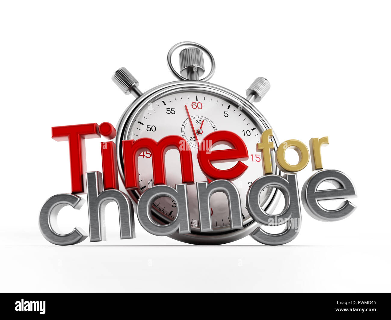 Zeit für Text ändern und Chronometer isoliert auf weißem Hintergrund Stockfoto