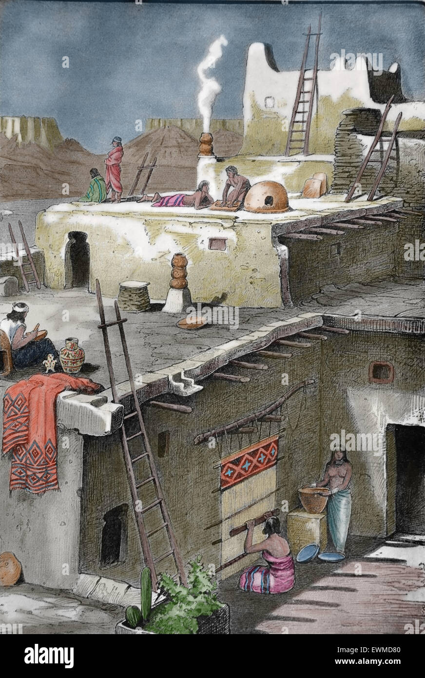 Native American. Pueblo-Völker. Dorf. Kupferstich von Rodolfo Cronau. 19. C. gefärbt. Stockfoto