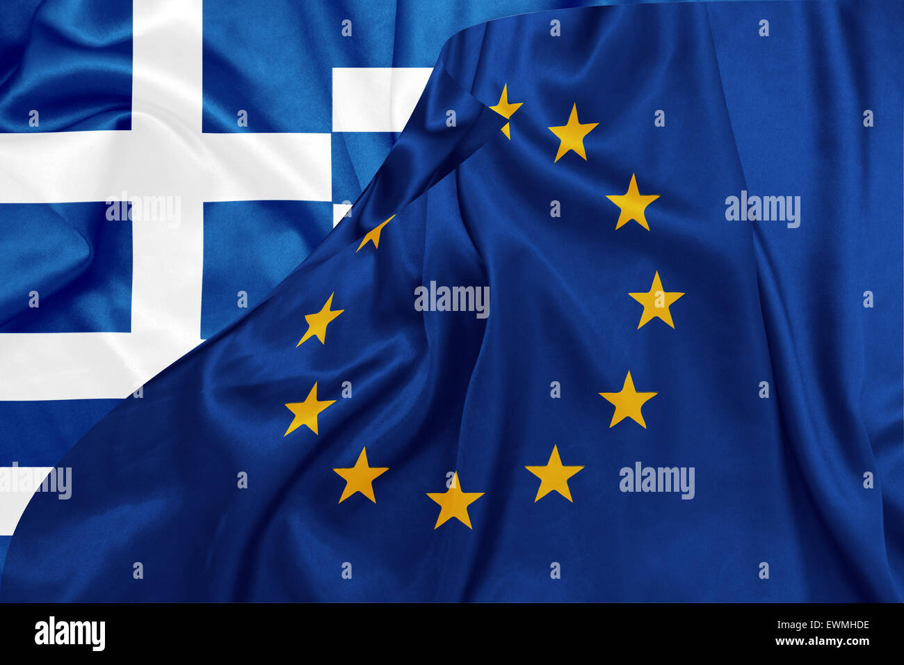 Griechenland und EU-Flaggen auf Seide Textur Stockfoto