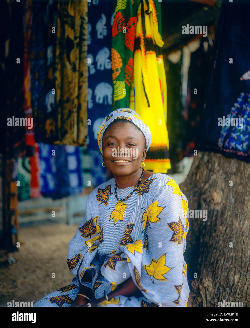 Lächelnd der Gambischen Frau Porträt, Batik Kaufmann, Royal Albert Markt, Banjul, Gambia, Westafrika Stockfoto