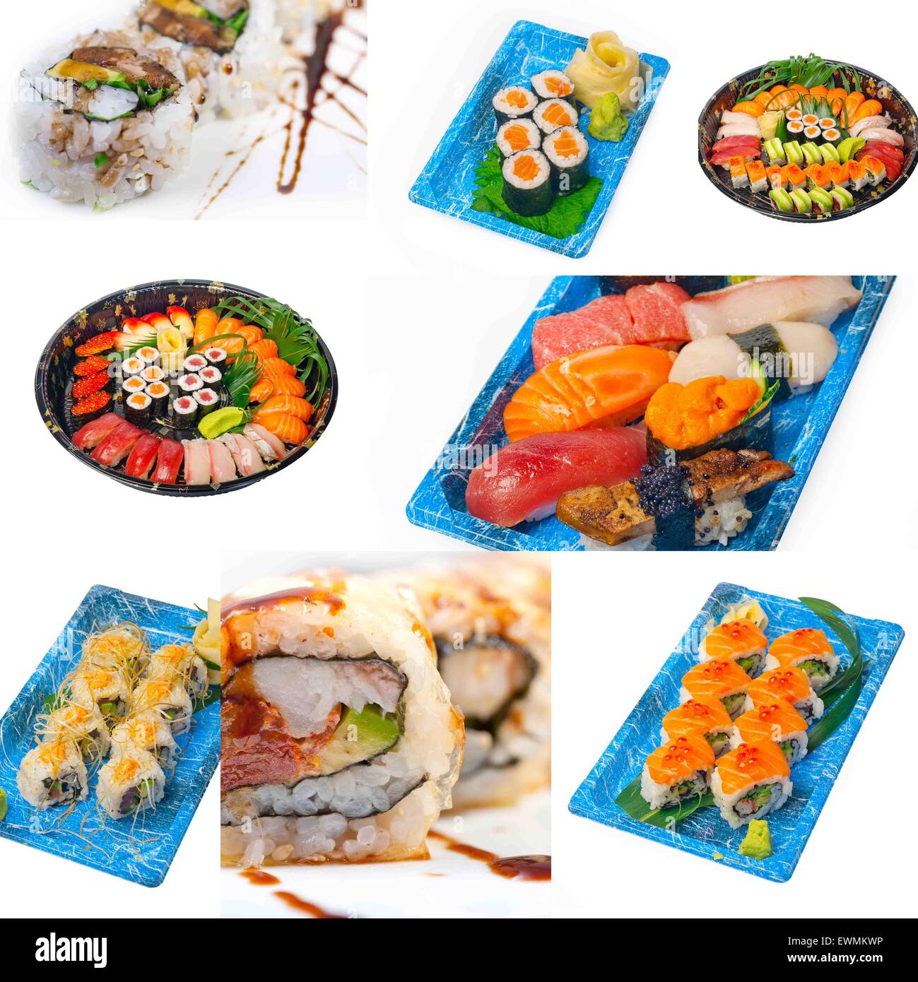 Auswahl an vielen japanischen Sushi Gericht Collage über weißen Rahmen Stockfoto