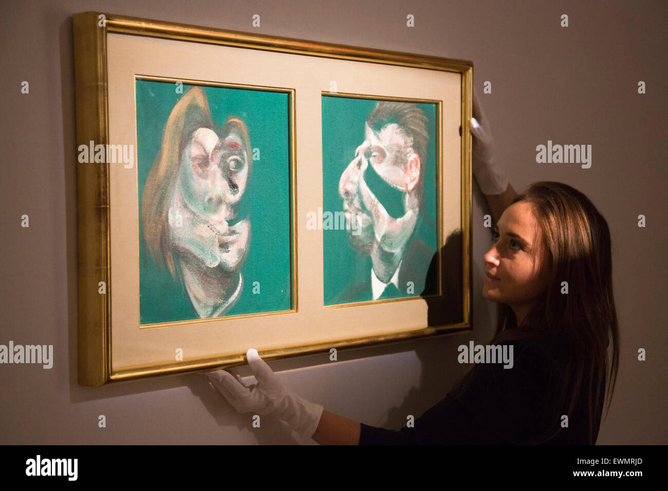 London, UK. 29. Juni 2015. Studie für den Kopf von Isabel Rawstorne und George Dyer von Francis Bacon, 1967, schätzen GBP 8 Millionen. Christie's London vereint eine internationale Besetzung von 174 Künstler von Francis Bacon, Sigmar Polke und Maurizio Cattelan, Schlagzeile der Nachkriegszeit und zeitgenössische Kunst Auktionswoche (Abendauktion am 30. Juni Tag Auktion 1. Juli 2015). Stockfoto