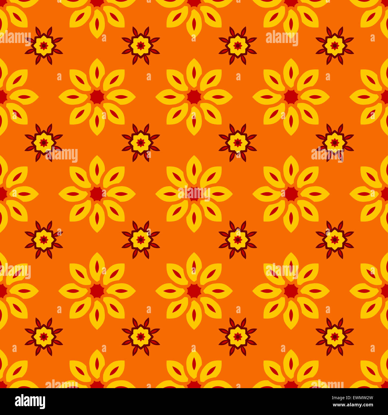 Reich verzierte nahtlose Blumenmuster mit gelben Blüten auf orangem Hintergrund, dekorative Tapeten. Es kann verwendet werden, für die Dekoration von Stockfoto