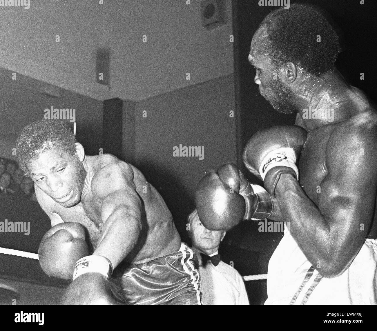 Hase-Johnson (rechts) sehen Sie hier in Aktion während seines Kampfes gegen Harry 'Schnee' White am Civic Hall (South Staffs Sporting Club), Wolverhampton, West Midlands, 17. Mai 1977 Stockfoto