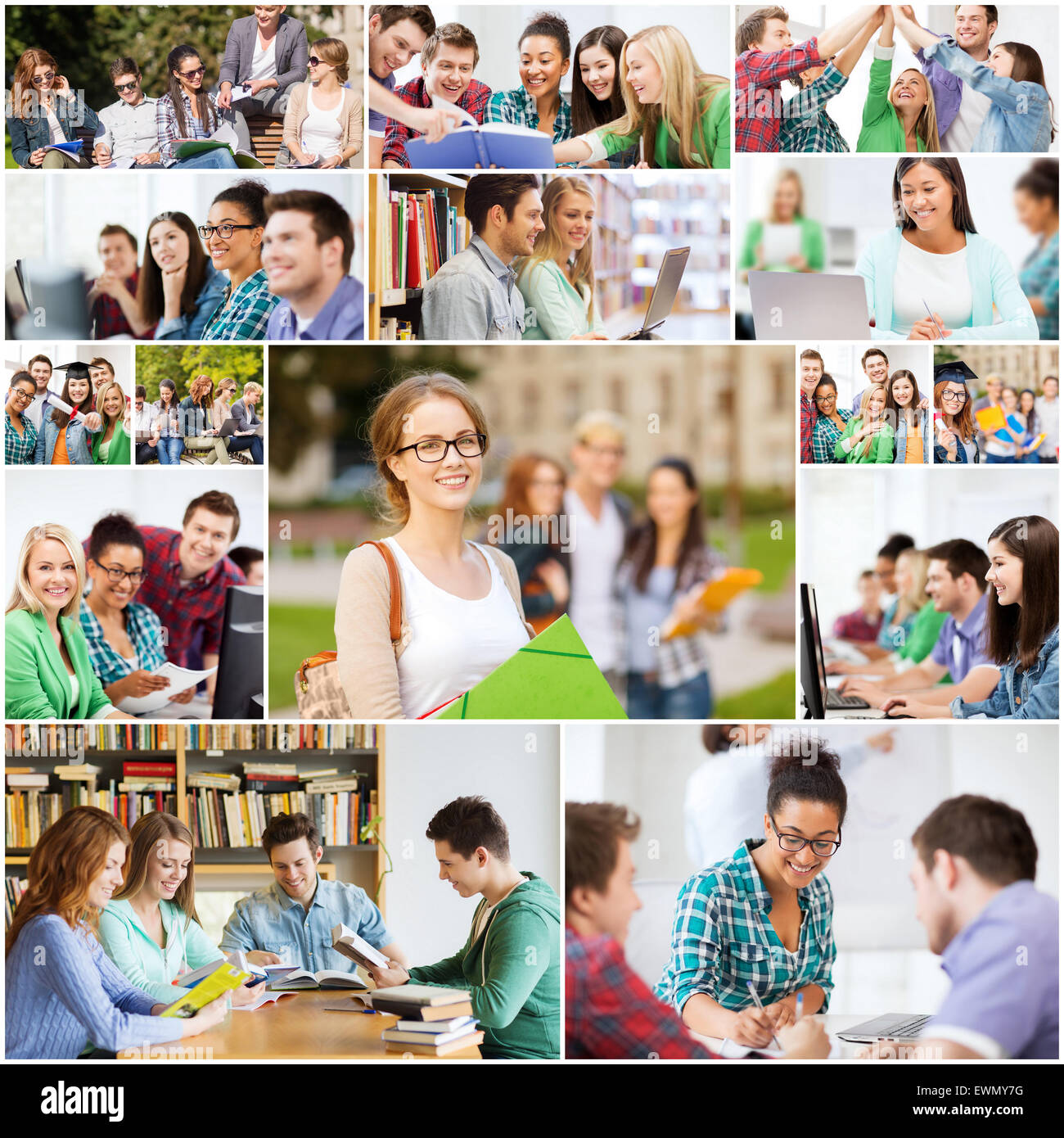 Collage mit vielen Bildern von College-Studenten Stockfoto