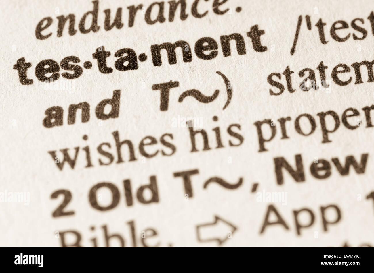 Definition des Wortes Testament im Wörterbuch Stockfoto