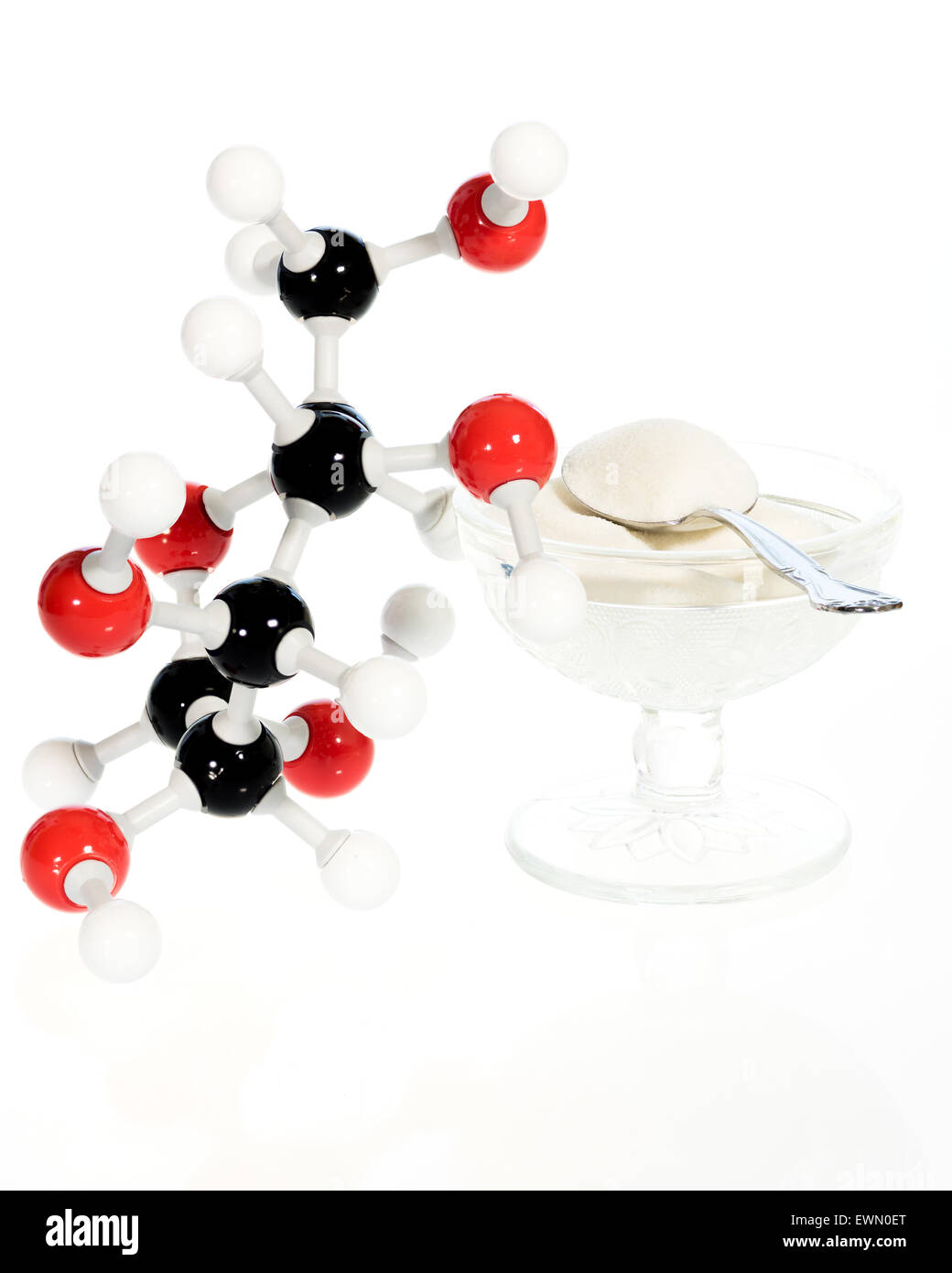 Glukose-Molekül und Schüssel mit Zucker Stockfoto