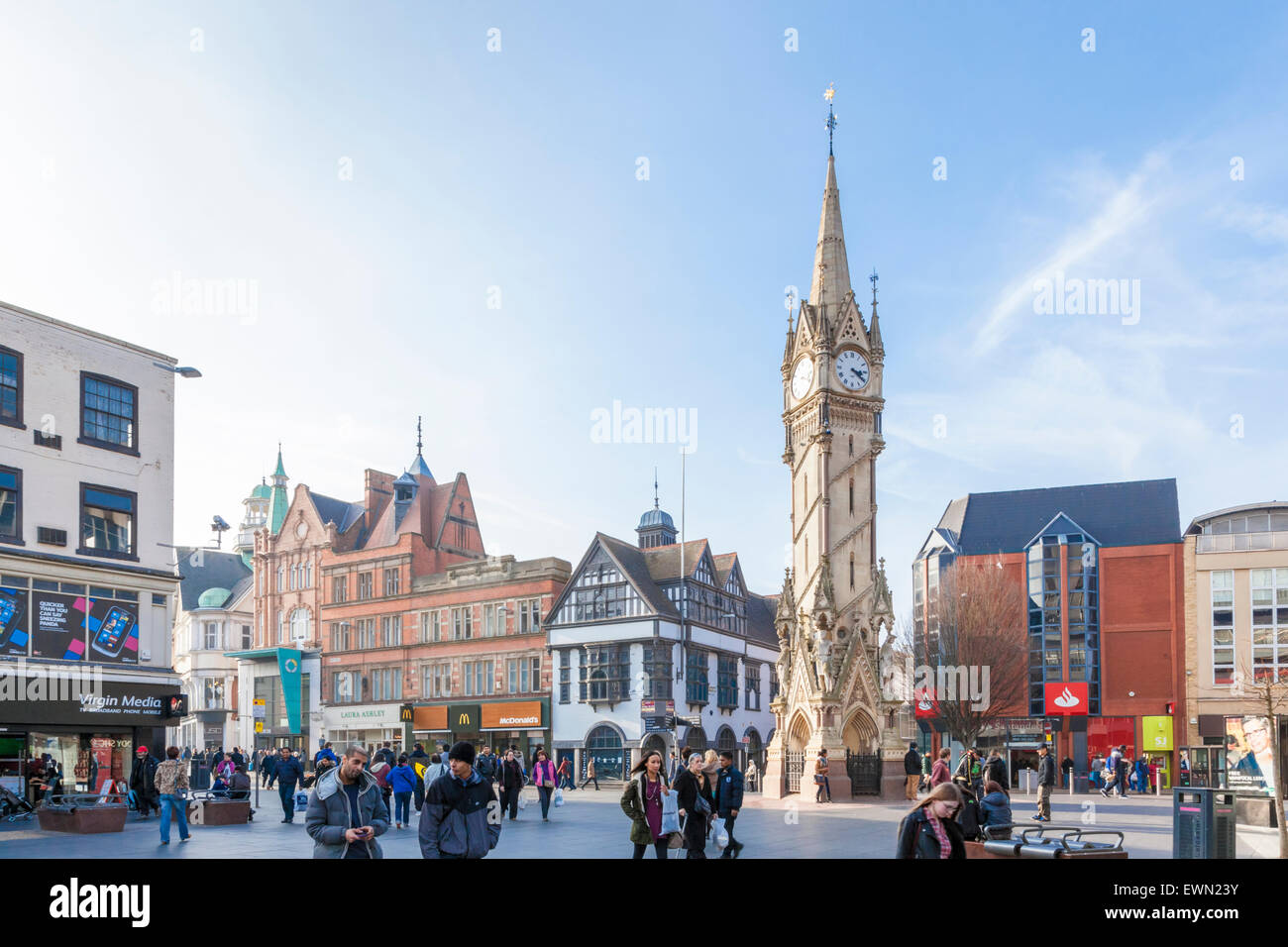 Haymarket Memorial Clock Tower im Stadtzentrum von Leicester, England, Großbritannien Stockfoto
