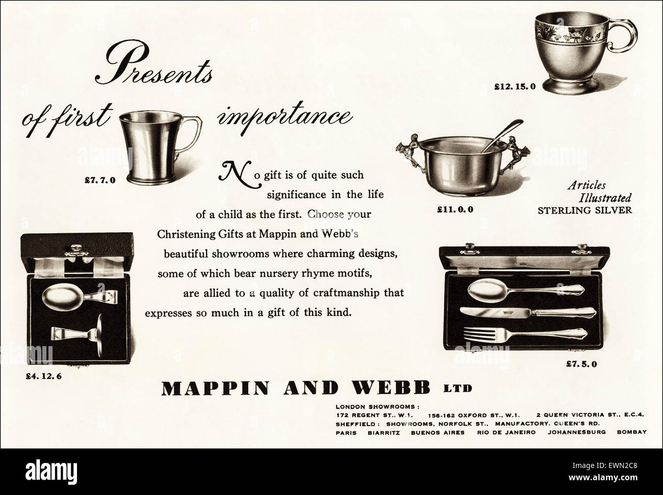 1950er Jahre Werbung ca. 1954 Magazin Anzeige für Mappin und Webb Ltd aus London England Stockfoto