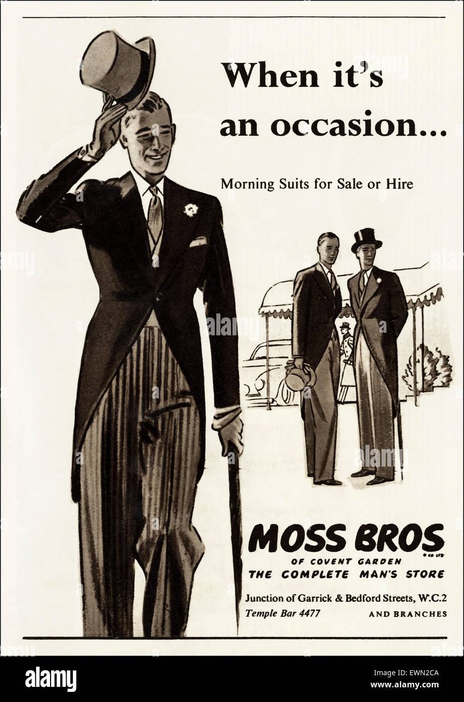1950er Jahre Werbung ca. 1954 Magazin Anzeige für Moss Bros Morgen Anzüge zu mieten Stockfoto