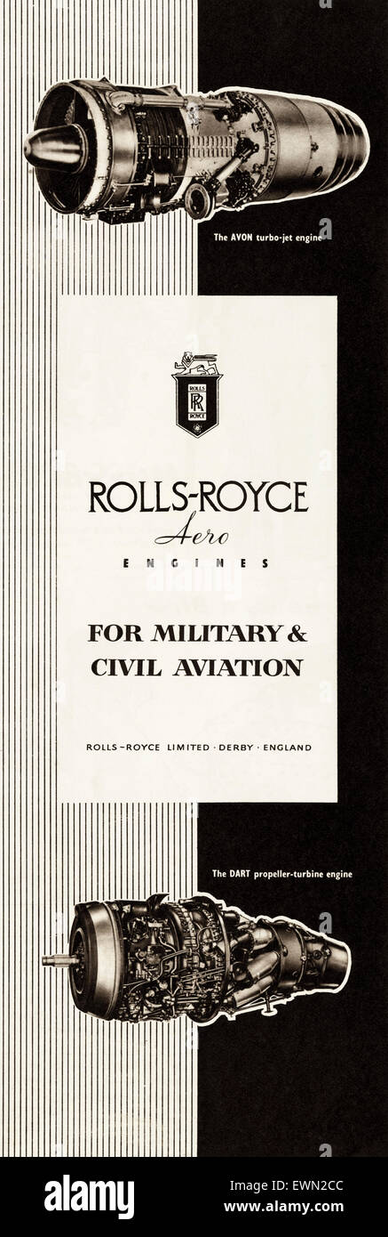 1950er Jahre Werbung ca. 1954 Magazin Werbung für Rolls-Royce aero Engines für militärische & zivile Flugzeuge Stockfoto