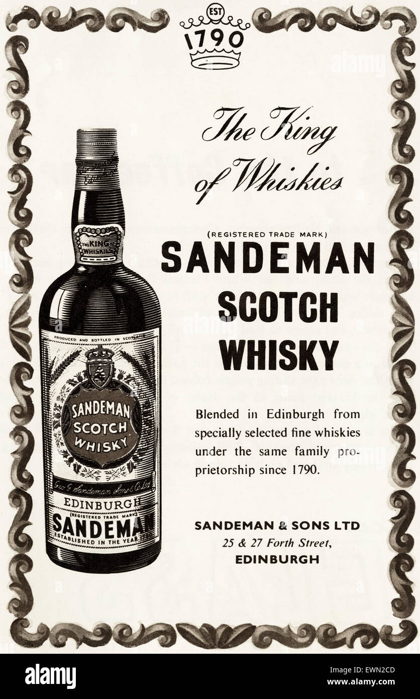 1950er Jahre Werbung ca. 1954 Magazin Werbung für Sandeman Scotch Whisky von Edinburgh Stockfoto