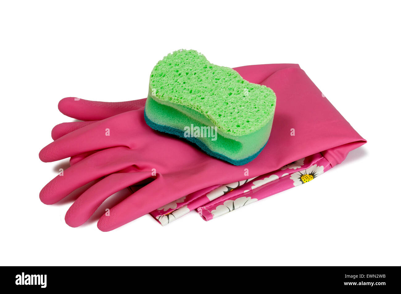 Rosa Reinigung Gummihandschuhe mit Schwamm auf weißem Hintergrund Stockfoto
