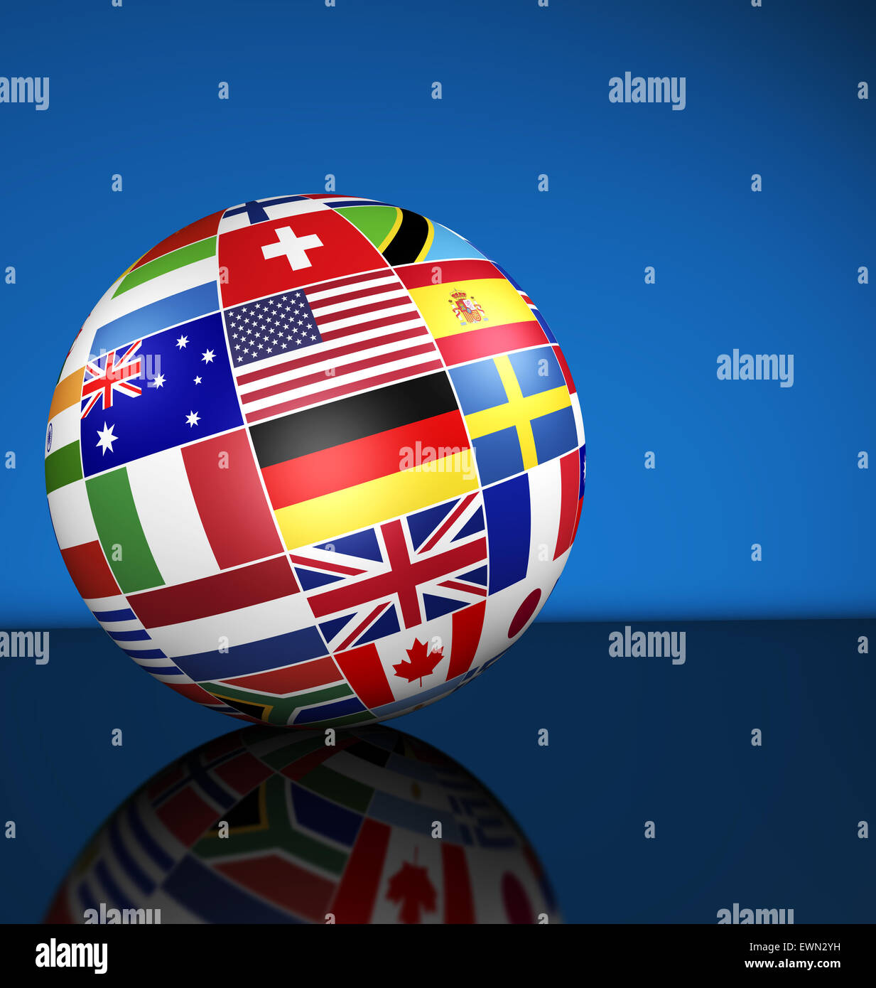 Reisen, Dienstleistungen, Bildung und international Business Management-Konzept mit einem Globus und internationalen Flaggen. Stockfoto