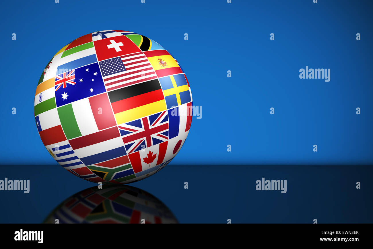 Reisen, Dienstleistungen, Bildung und internationale Business-Management-Konzept mit einem Globus und internationalen Flaggen der Welt. Stockfoto