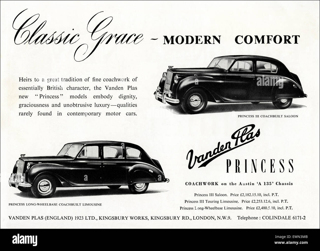 1950er Jahre Werbung ca. 1954 Magazin Anzeige für Vanden Plas Princess Luxus-Autos Stockfoto