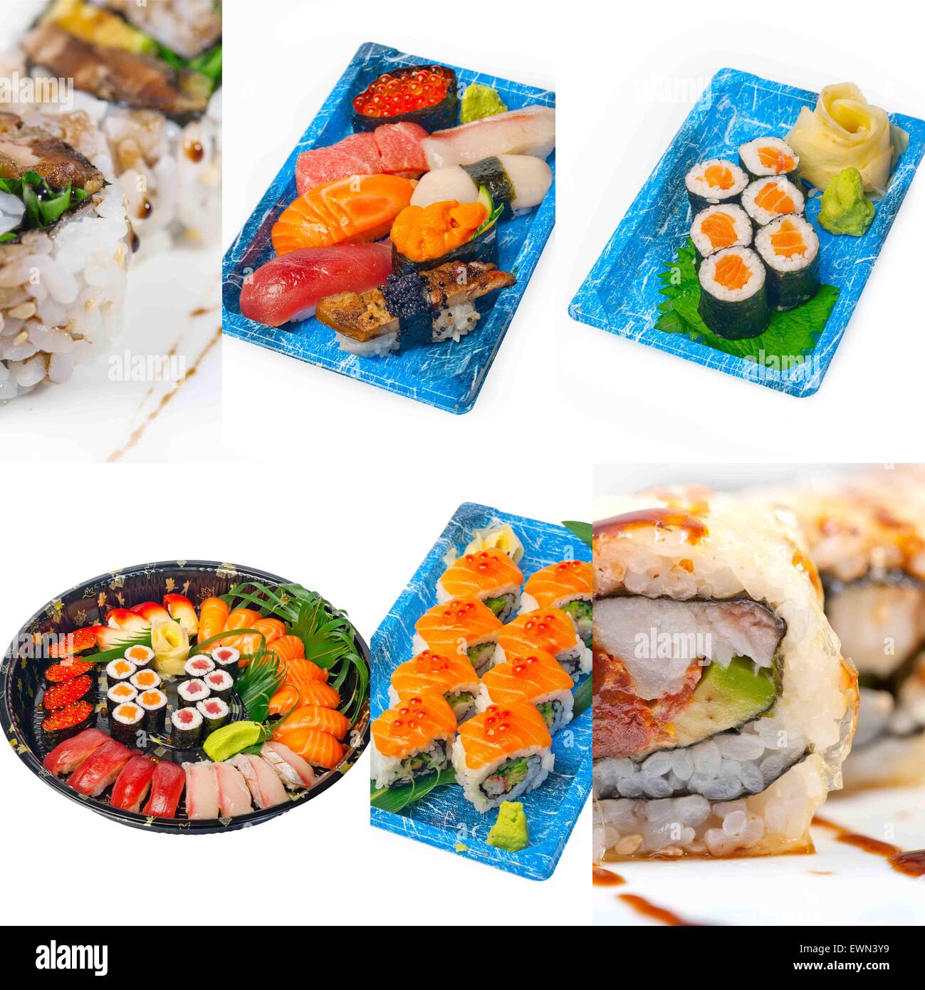 Auswahl an vielen japanischen Sushi Gericht Collage über weißen Rahmen Stockfoto