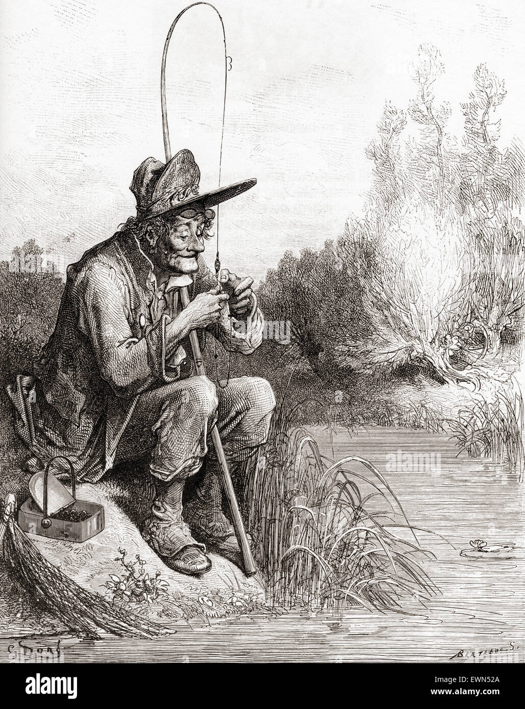 Der Fischer und der kleine Fisch (Le petit Poisson et le Pêcheur).  Gustave Darstellung der Fabel von La Fontaine. Stockfoto