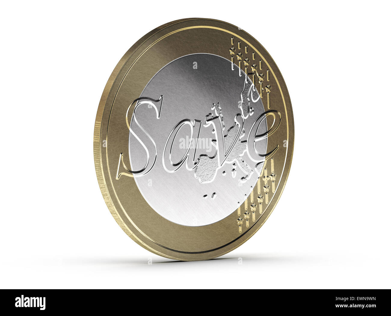 Sparen Sie Euro-Münze auf weißem Hintergrund mit Schatten und Kratzer. Konzeptbild zur Veranschaulichung von Geld sparen. Finanzen-conce Stockfoto