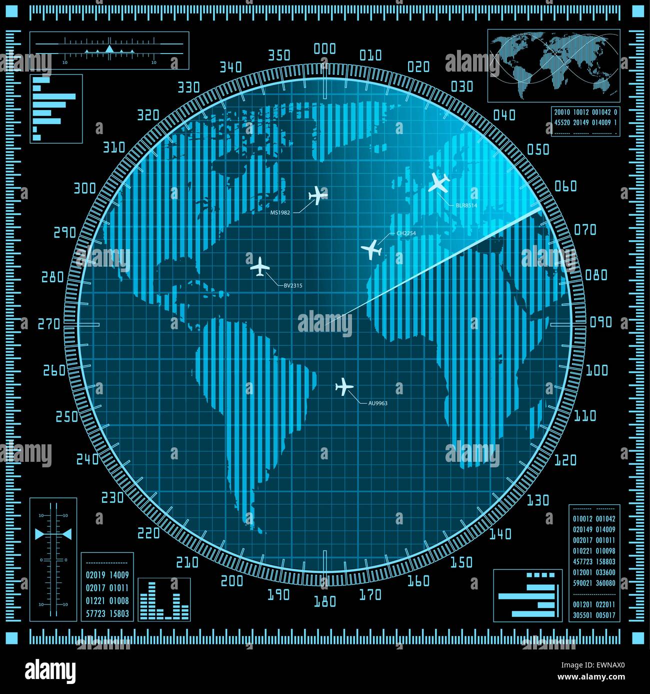 Blaue Radarbildschirm mit Flugzeugen und Weltkarte. Vektor-EPS10. Stock Vektor