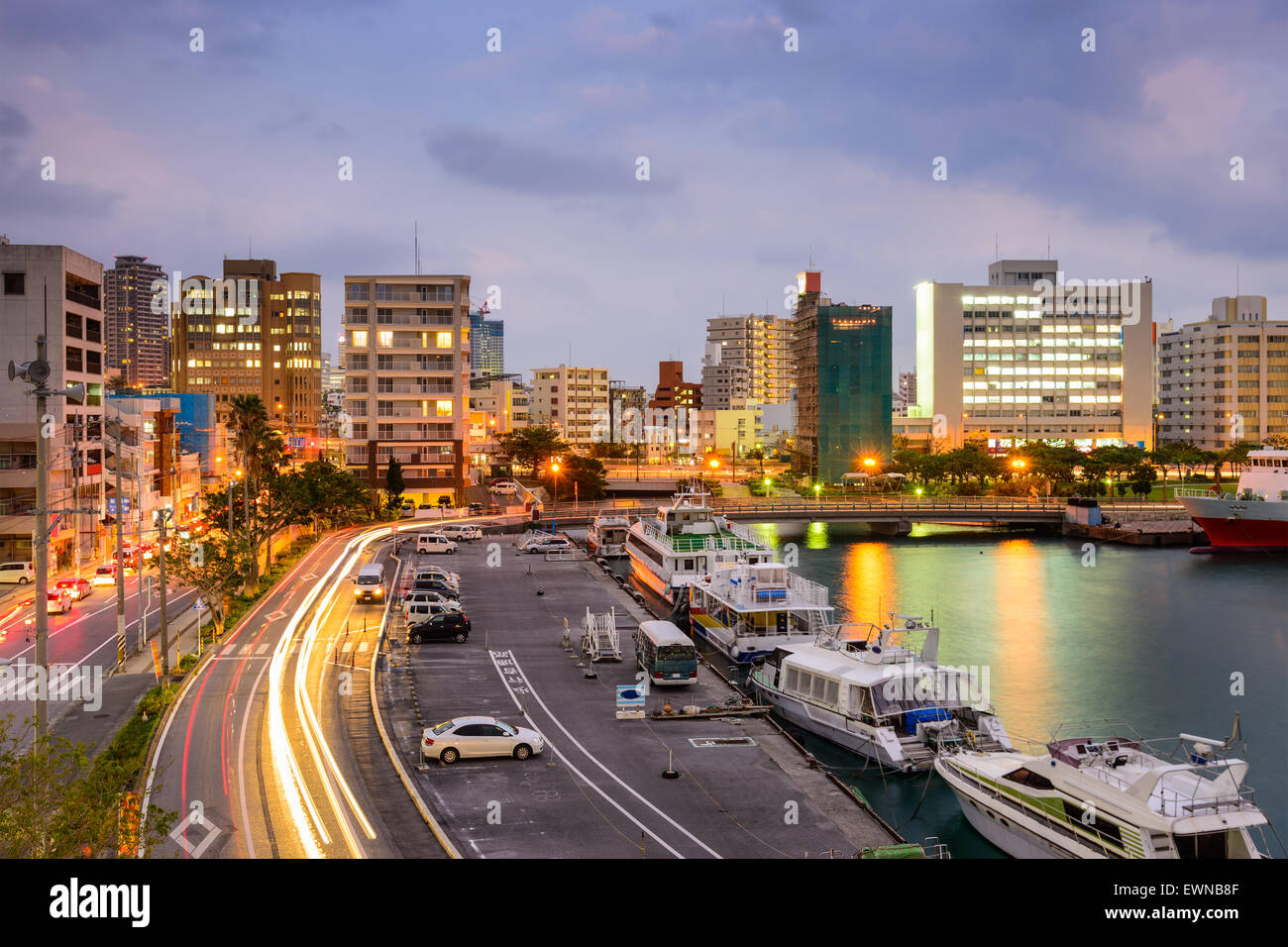 Naha, Okinawa, Japan Stadtbild Tomari Hafen. Stockfoto