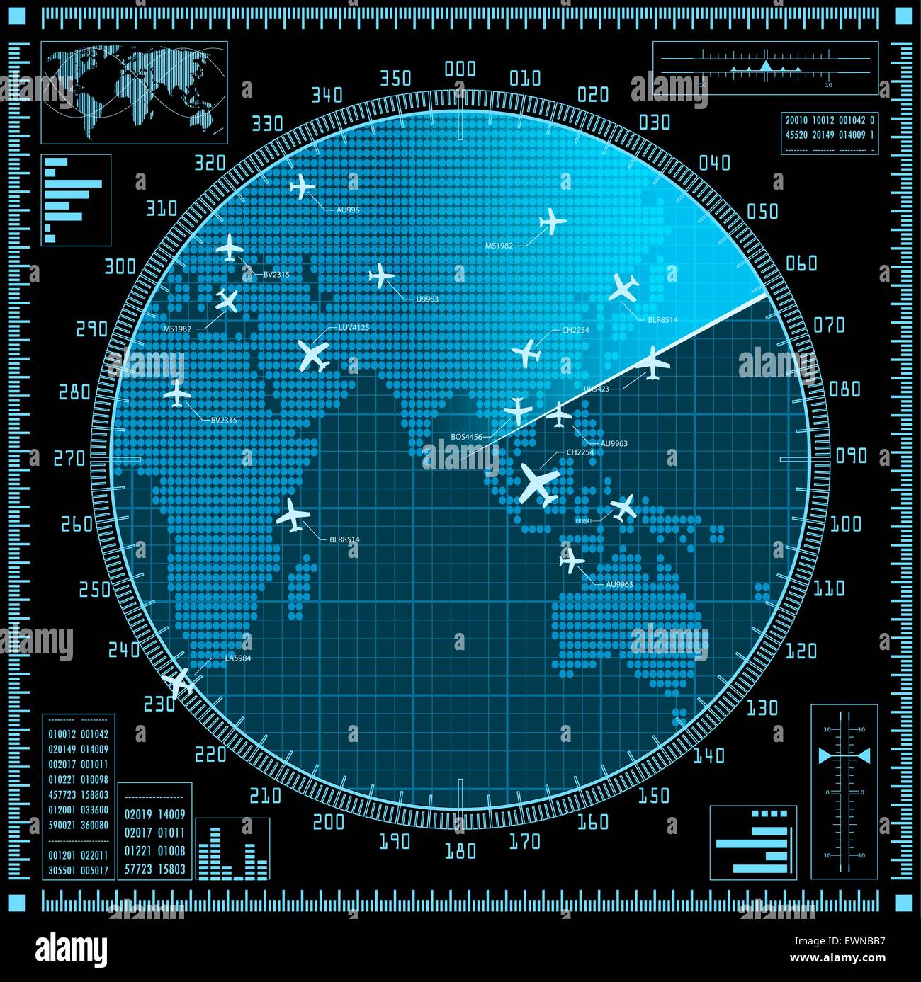 Blaue Radarbildschirm mit Flugzeugen und Weltkarte. Vektor-EPS10. Stock Vektor