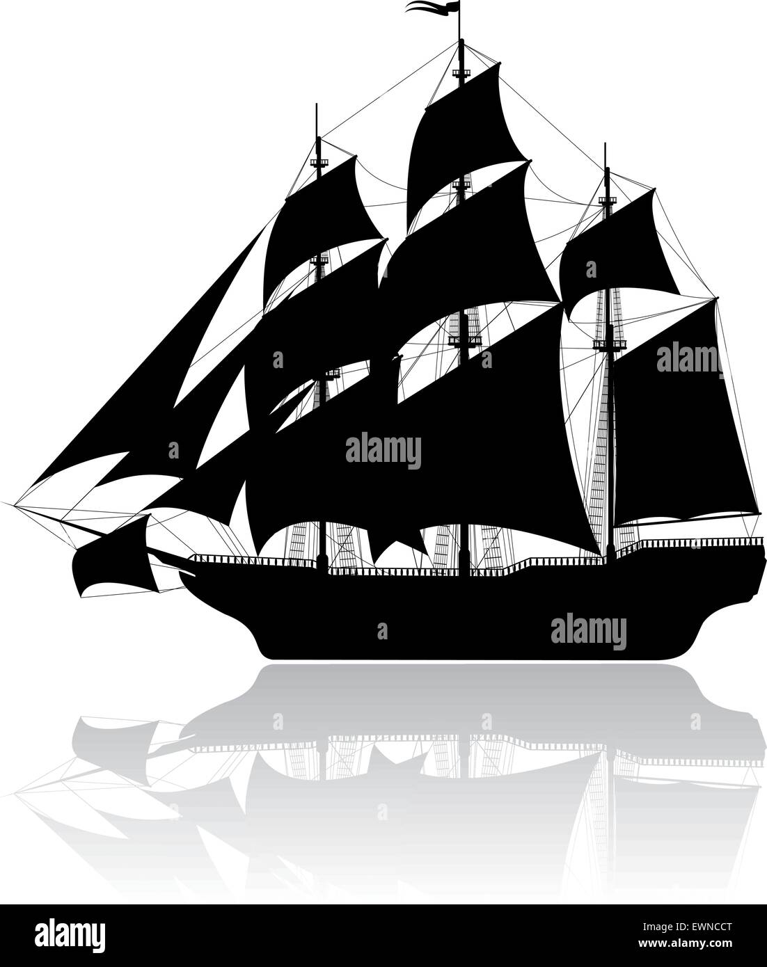 Schwarze alte Segelschiff isoliert auf weißem Hintergrund Stock Vektor