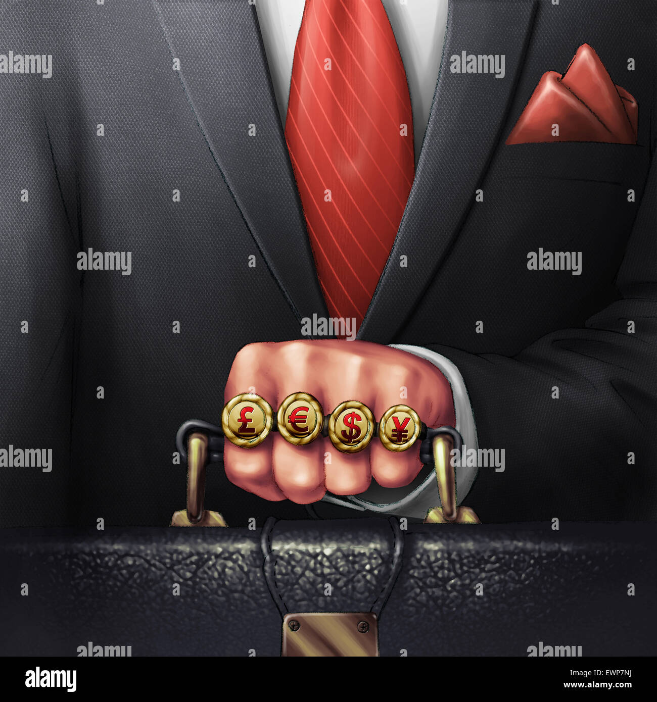 Geschäftsmann mit Ring an jedem Finger zeigen Symbole des Geldes Stockfoto