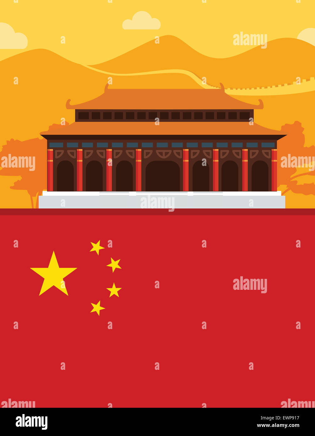 Anschauliche Darstellung der chinesische Pagode und chinesische Flagge Stockfoto