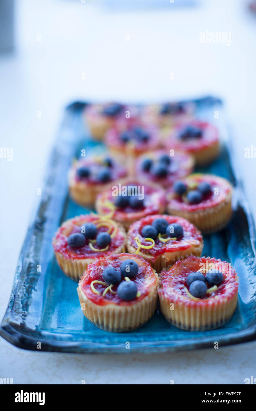 Eine Platte mit einem Dutzend frisches Obst Muffins. Stockfoto