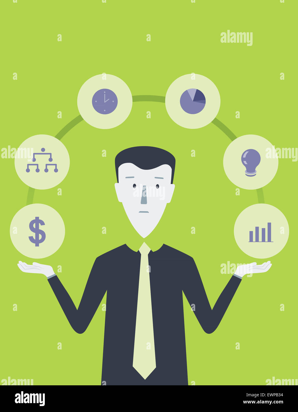 Geschäftsmann mit finanzielle Symbole vor grünem Hintergrund Stockfoto