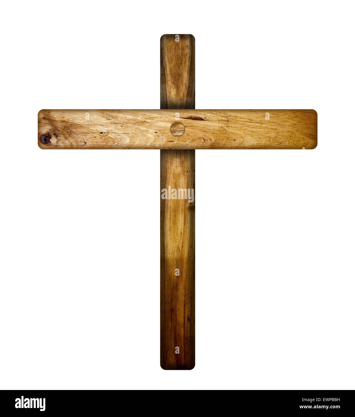 Ein hölzernes Kreuz auf einem weißen Hintergrund isoliert. Stockfoto