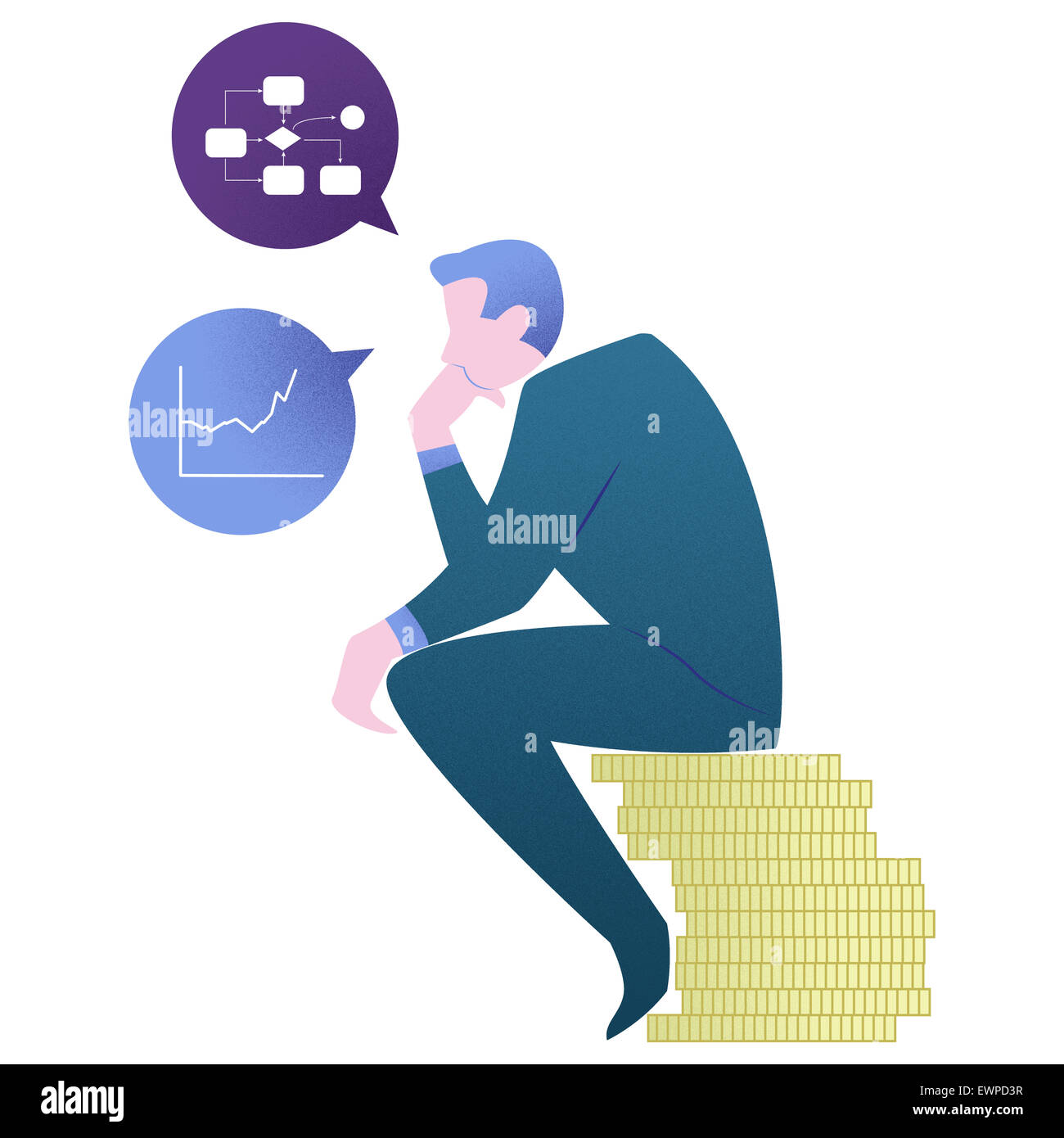 Geschäftsmann, sitzen auf Stapel von Münzen, die Analyse von Markt-Graph isoliert auf weißem Hintergrund Stockfoto